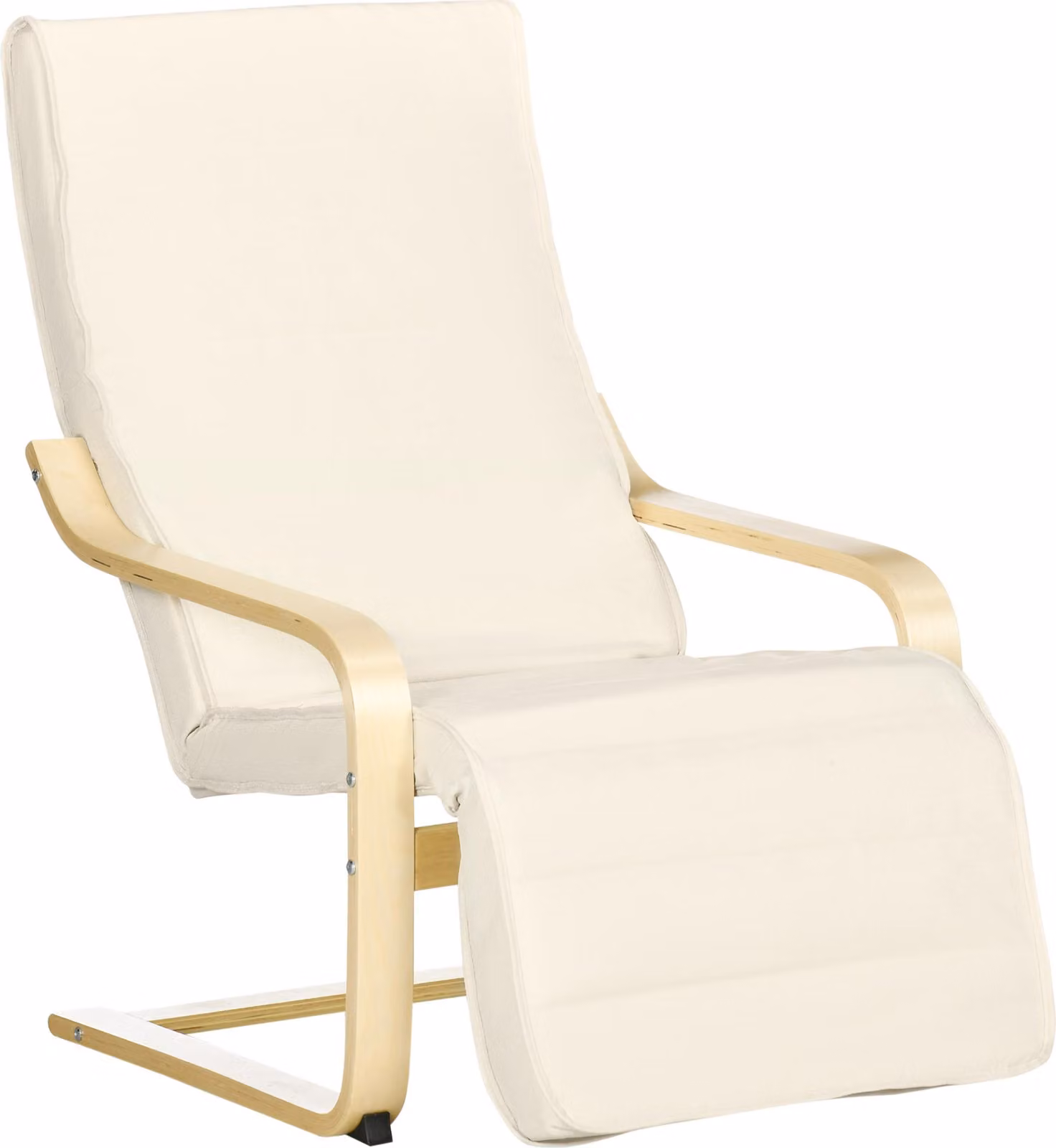 Poltrona relax, poltrona reclinabile, poltrona relax con poggiapiedi regolabile, sedia da pranzo con rivestimento effetto lino per il soggiorno, legno di betulla, bianco crema, bianco crema, 94 cm, 100 cm