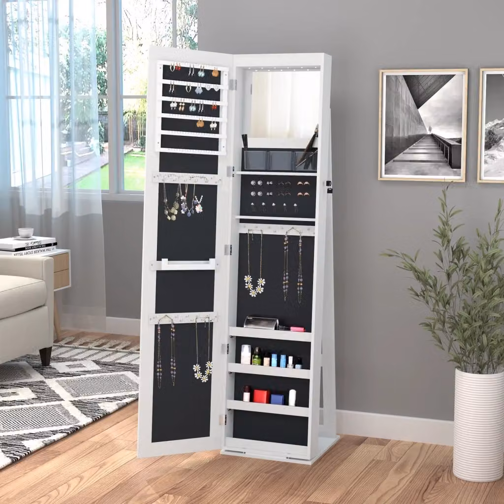 Specchio Portagioie da Terra Giordanoshop con LED e 4 Scaffali in Legno Bianco L/P/H: 15 x 15 x 61,75 cm – 2