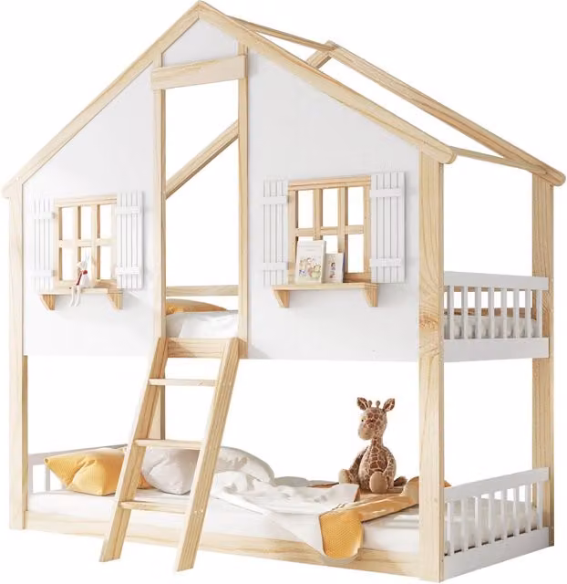 Letto a castello per bambini 90x200 cm con tetto e finestre; pino e MDF; bianco e naturale