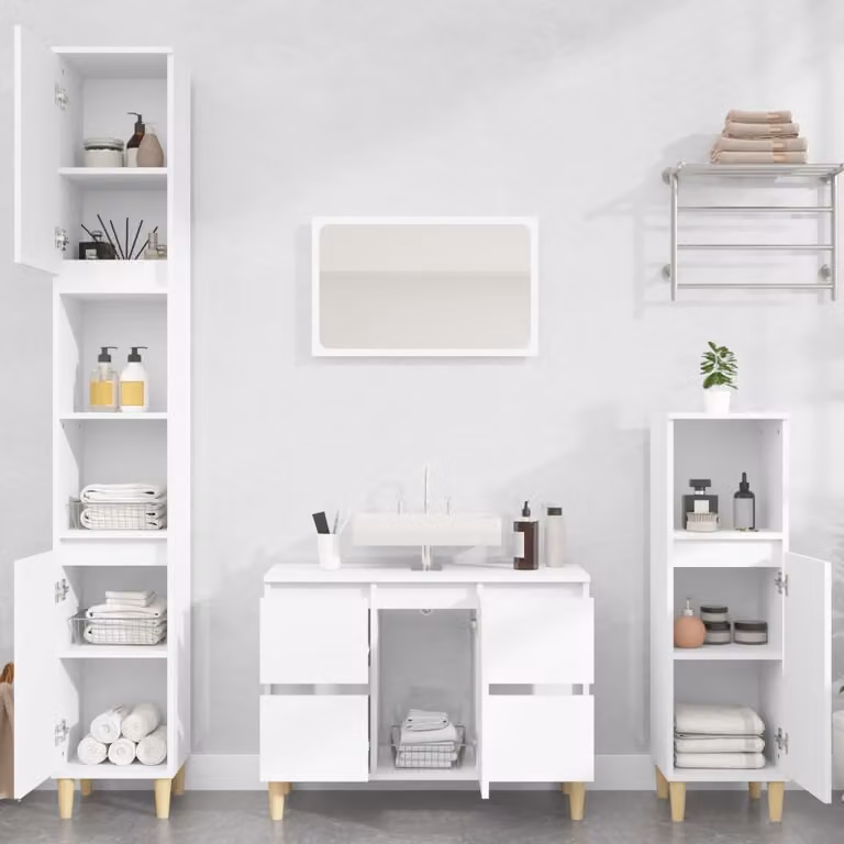 Set di mobili da bagno vidaXL in legno multistrato bianco composto da 3 pezzi con mobile lavabo e colonna alta