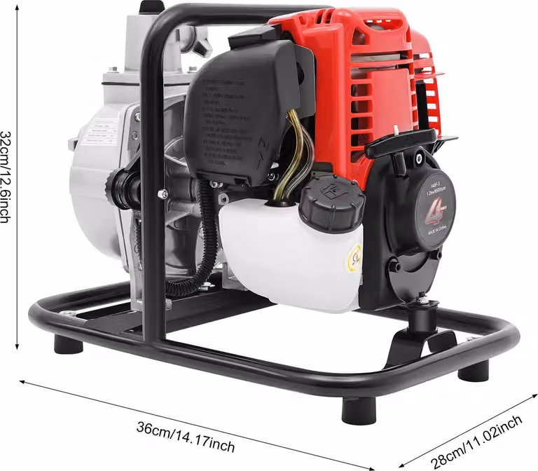 Pompa a benzina - Motopompa a 4 tempi - Avviamento a fune - 1,2 kW - 38 cm³ - Serbatoio dell'olio da 900 ml - Modello da terra - Argento/Rosso/Nero
