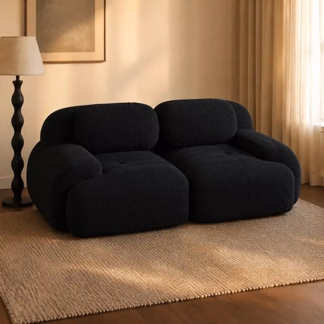 Divano modulare 2 posti 208x103x70 cm in tessuto nero, senza montaggio, per soggiorno –