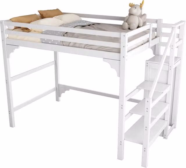 Letto a castello elevato REDOM in pino e MDF bianco con armadio e scala contenitore L/P/H: 245 x 140 x 175 cm – 1