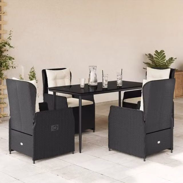 Set da Pranzo da Giardino 5 pz Nero con Cuscini in Polyrattan