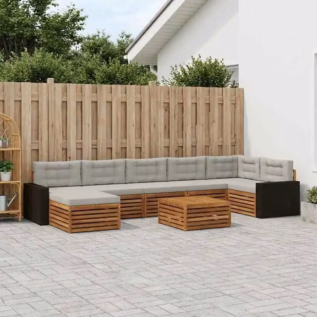Set di divani da esterno a L vidaXL in legno di acacia con tavolino e pouf, colore marrone e grigio – 1