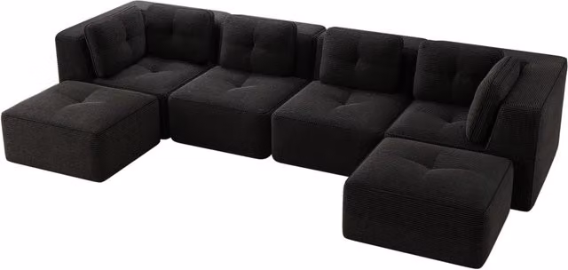 Divano angolare modulare senza struttura in tessuto vellutato nero con pouf e funzione letto, design antiscivolo