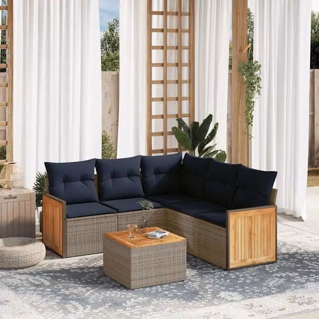 Set da giardino vidaXL in polyrattan composto da 6 pezzi con cuscini grigi e blu e tavolino coordinato – 1