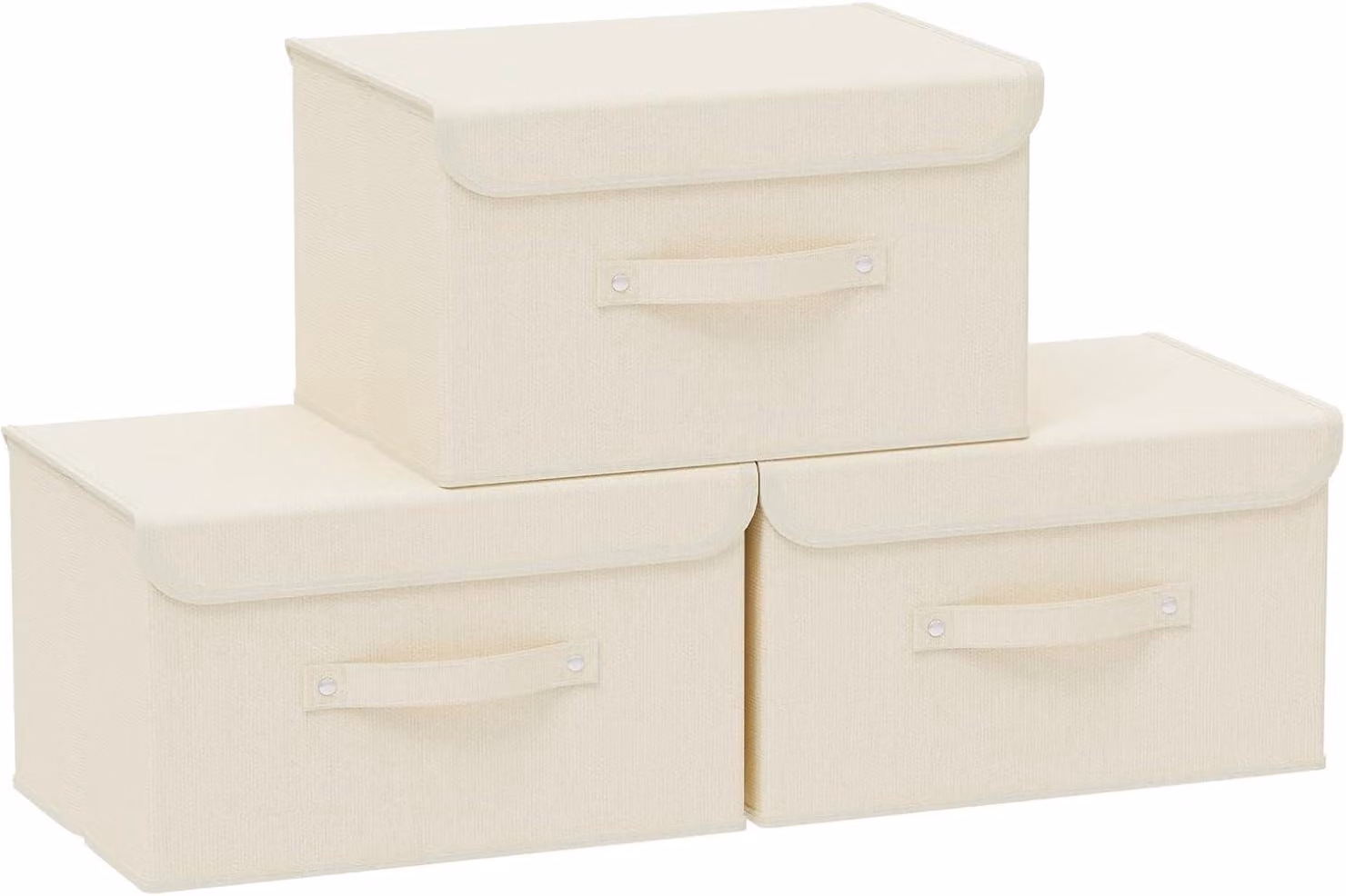 Set di 3 contenitori, dimensioni 33x23x20 cm, color beige, con coperchio e maniglie, ideali per armadi