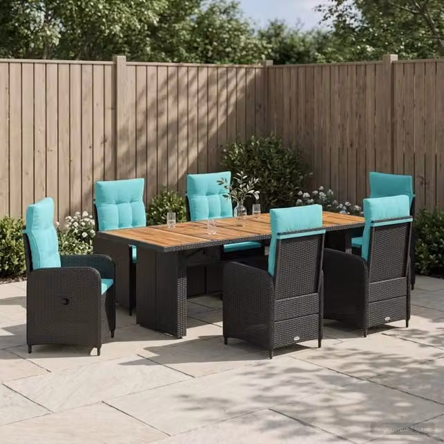 Set da pranzo per esterni vidaXL in polyrattan e legno di acacia, 7 pezzi, Nero e Turchese, L: 240 cm, P: 90 cm, H: 75 cm