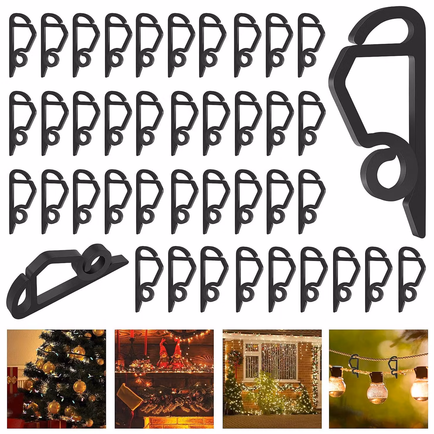 Set di 100 ganci per grondaie, adatti per luci decorative, colore nero, in plastica