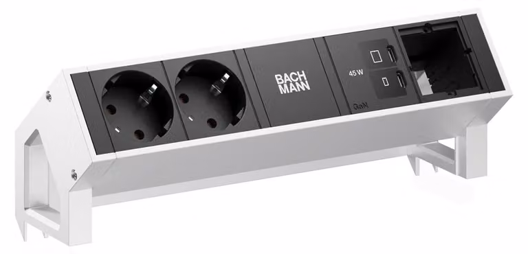 Scrivania BACHMANN DESK2, 2 prese CEE7/3, 1 porta USB-C con ricarica da 45W, 1 cavo di alimentazione CM, lunghezza 0,2 metri, acciaio inossidabile