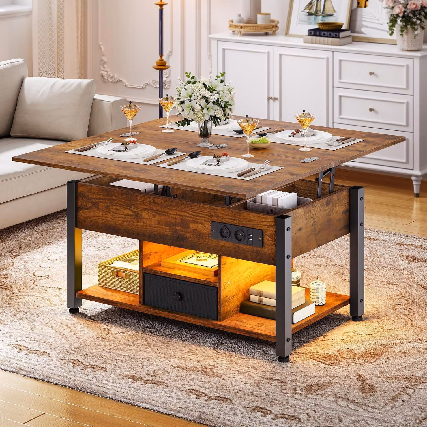 Tavolino da caffè regolabile in altezza, 4-in-1, utilizzabile anche come tavolo da pranzo, con spazio contenitivo, illuminazione a LED, colore marrone vintage