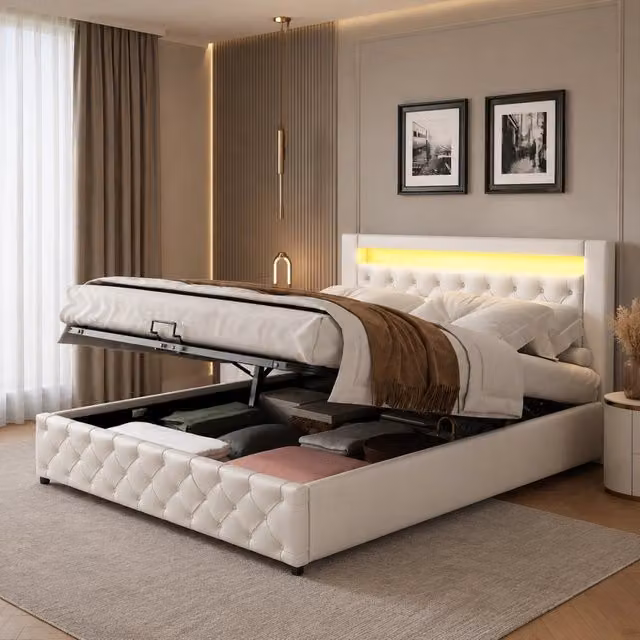 Letto contenitore 140x200 cm; matrimoniale con rete a doghe; LED; PU; bianco