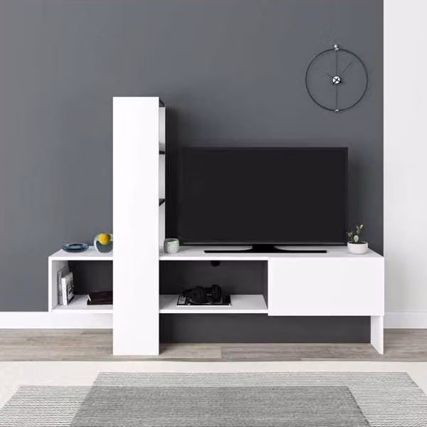 Mobile porta TV Troya moderno in legno bianco e antracite L: 180 cm, H: 38 cm, P: 138 cm