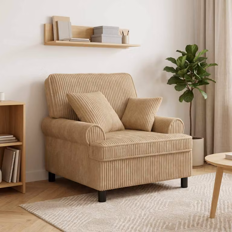 Poltrona lounge moderna vidaXL in tessuto beige e grigio con cuscini in schiuma e braccioli