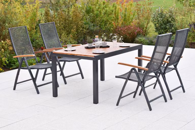 Set di mobili da giardino Merxx Thasos, 5 pezzi: 4 sedie pieghevoli, 1 tavolo allungabile 150 (200) x 90 cm - Alluminio