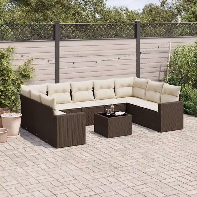 Set Divani da Giardino 10pz con Cuscini in Polyrattan Marrone 3219403