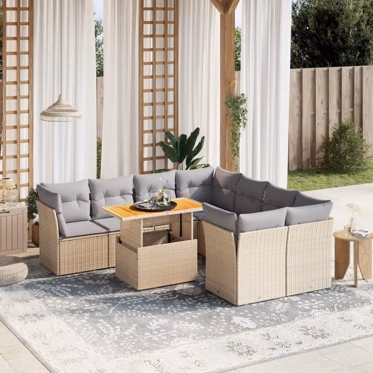 vidaXL Set Divano da Giardino a L 9 pz con Cuscini Beige e Tavolino da Esterno in Polyrattan e Legno di Acacia
