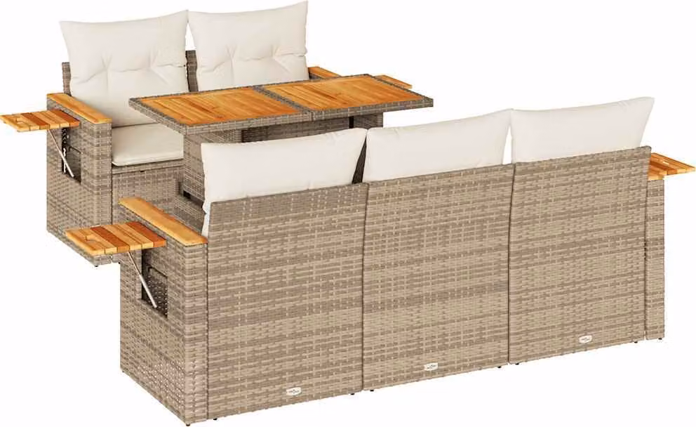 Set Divano da Giardino 6 pz con Cuscini Beige Polyrattan Acacia