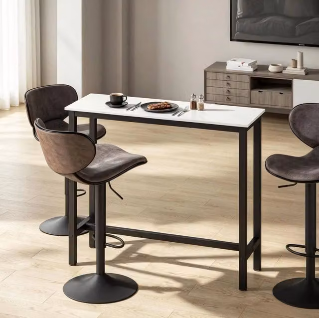 Tavolo bar moderno in acciaio nero con piano effetto marmo bianco 120x40x100 cm