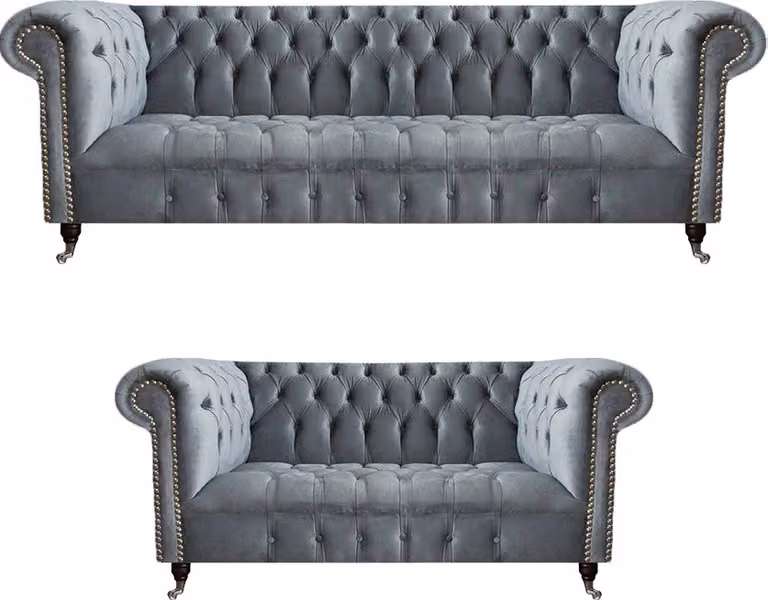 Wohnzimmer Luxus Grau Chesterfield Sessel Dreisitzer Sofa Couch