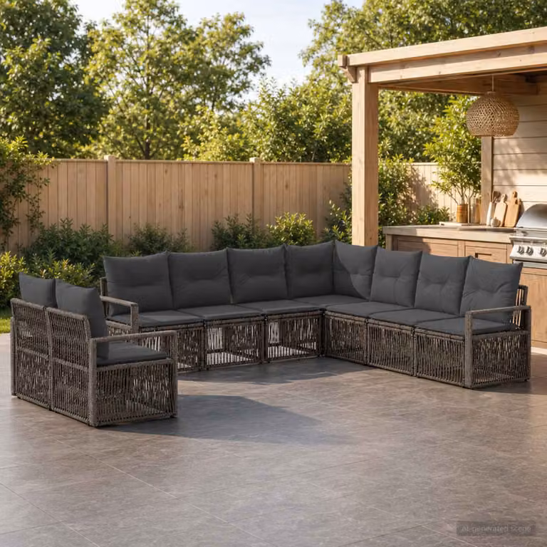 Set Divano da Giardino vidaXL 9 pz Grigio con Cuscini e Struttura in Metallo e Polyrattan