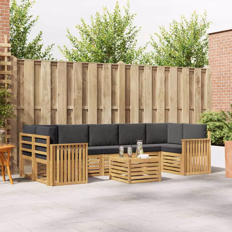 Set di divani da esterno vidaXL a forma di L composto da 8 pezzi in legno di acacia con cuscini bianchi e antracite in poliestere resistente ai raggi UV