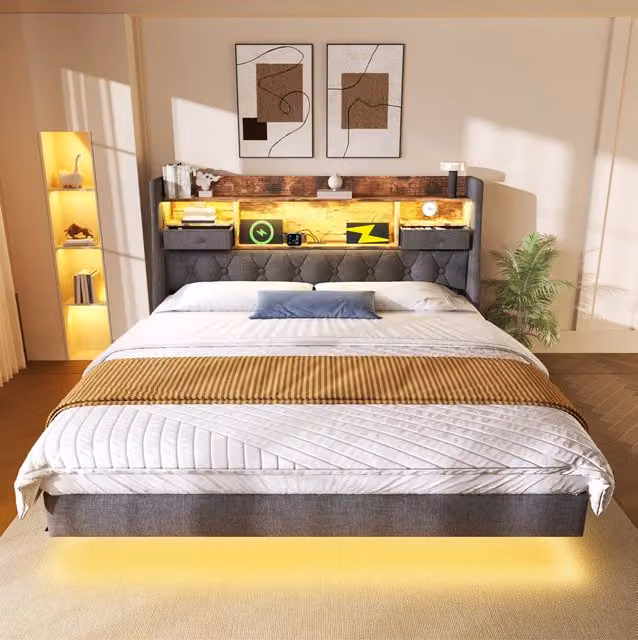 Letto 160x200 cm con LED e stazione di ricarica, rivestimento in lino grigio