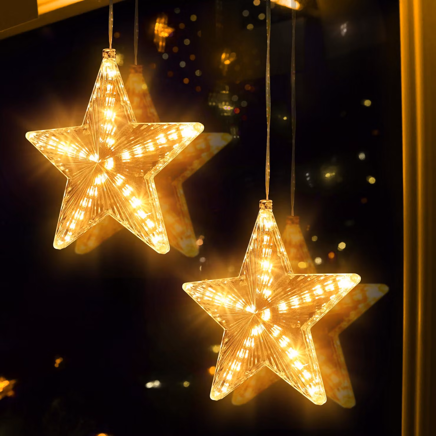 Catena luminosa a forma di stella, set da 2, 20 cm, luce bianco caldo, alimentazione a batteria, con timer