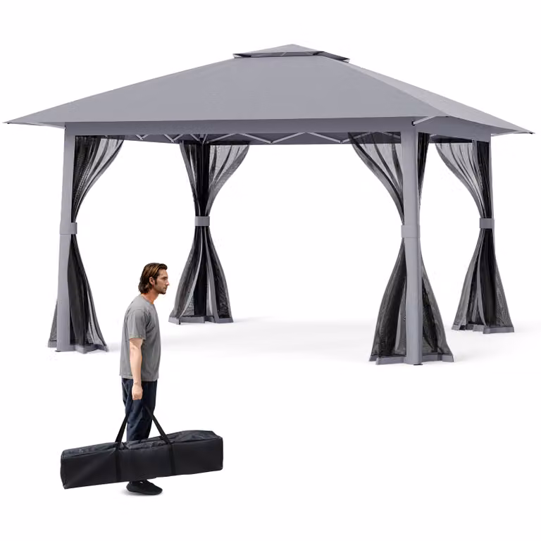 COSTWAY gazebo 4x4m, gazebo pieghevole pop up con 4 zanzariere, doppio tetto e borsa per il trasporto, gazebo da giardino per feste impermeabile stabile e resistente all'inverno grigio