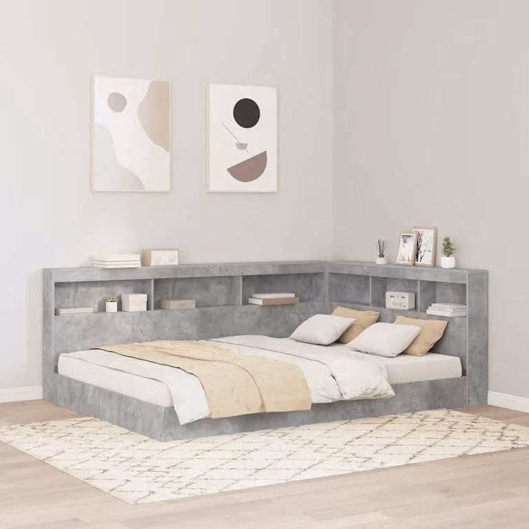 Testata letto con contenitore vidaXL Grigio cemento con ripiani integrati e porta USB in legno e metallo L/P/H: 207.5 x 152.5 x 76.5 cm