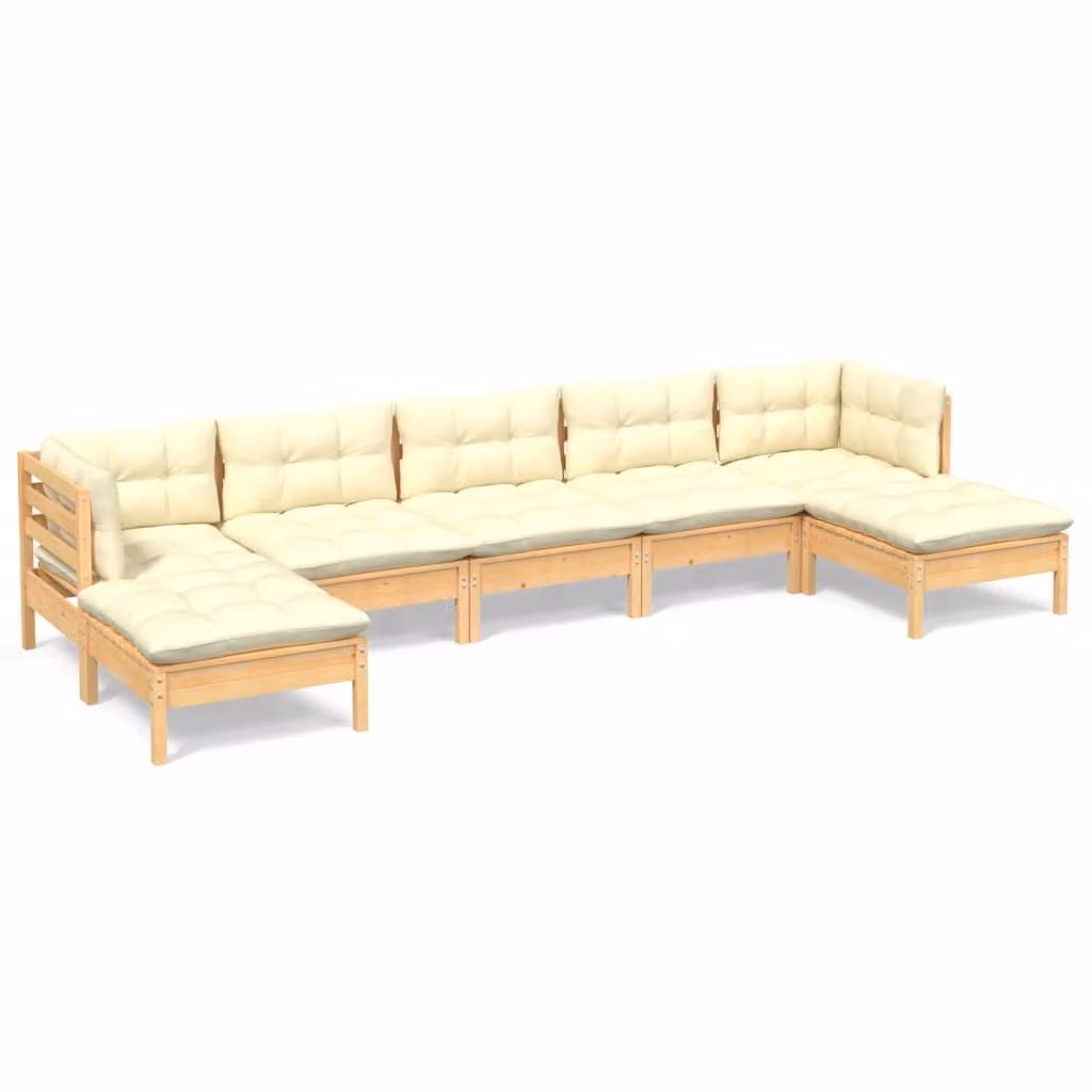 Set Salotto da Giardino 7pz con Cuscini Crema in Legno di Pino
