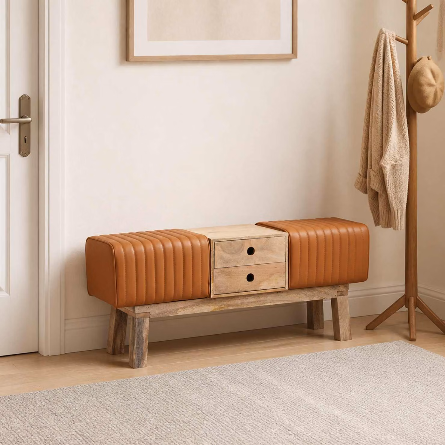 Panchina vidaXL in pelle vera e legno color marrone L: 110 cm, P: 30 cm, H: 45 cm