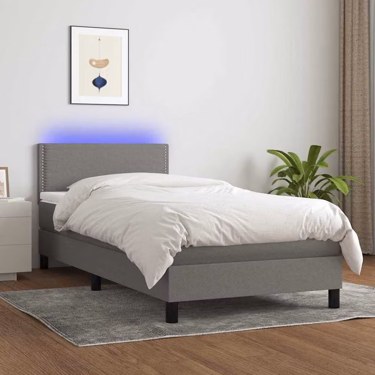 Letto a molle con materasso e illuminazione LED vidaXL in tessuto grigio, L/P/H: 190 x 90 x 30 cm
