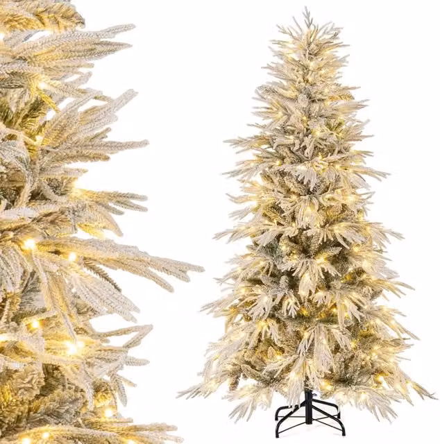 Albero di Natale Artificiale Innevato Costway con 250 Luci LED Bianco Cal caldo, 594 Punte di Ramo e Supporto in Metallo, Altezza: 180 cm