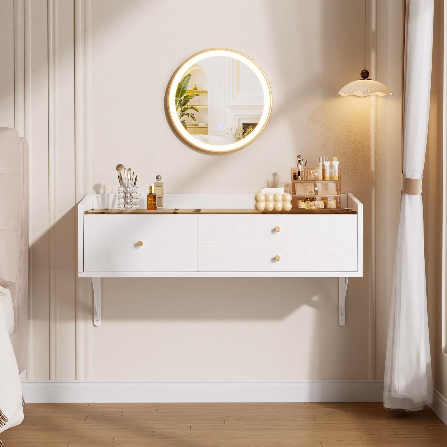 Comò da parete, dimensioni 100x40x48 cm, colore bianco, realizzato in pannello di particelle di legno al 100%, dotato di specchio con illuminazione a LED, 3 cassetti e vani portaoggetti, ideale per la camera da letto
