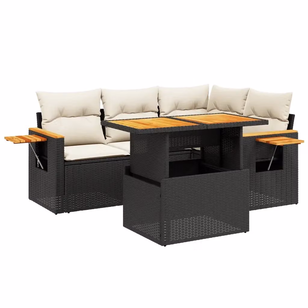 vidaXL Set Divani da Giardino 5 pz a Forma a L in Polyrattan Nero con Cuscini e Tavolino da Caffè – 2