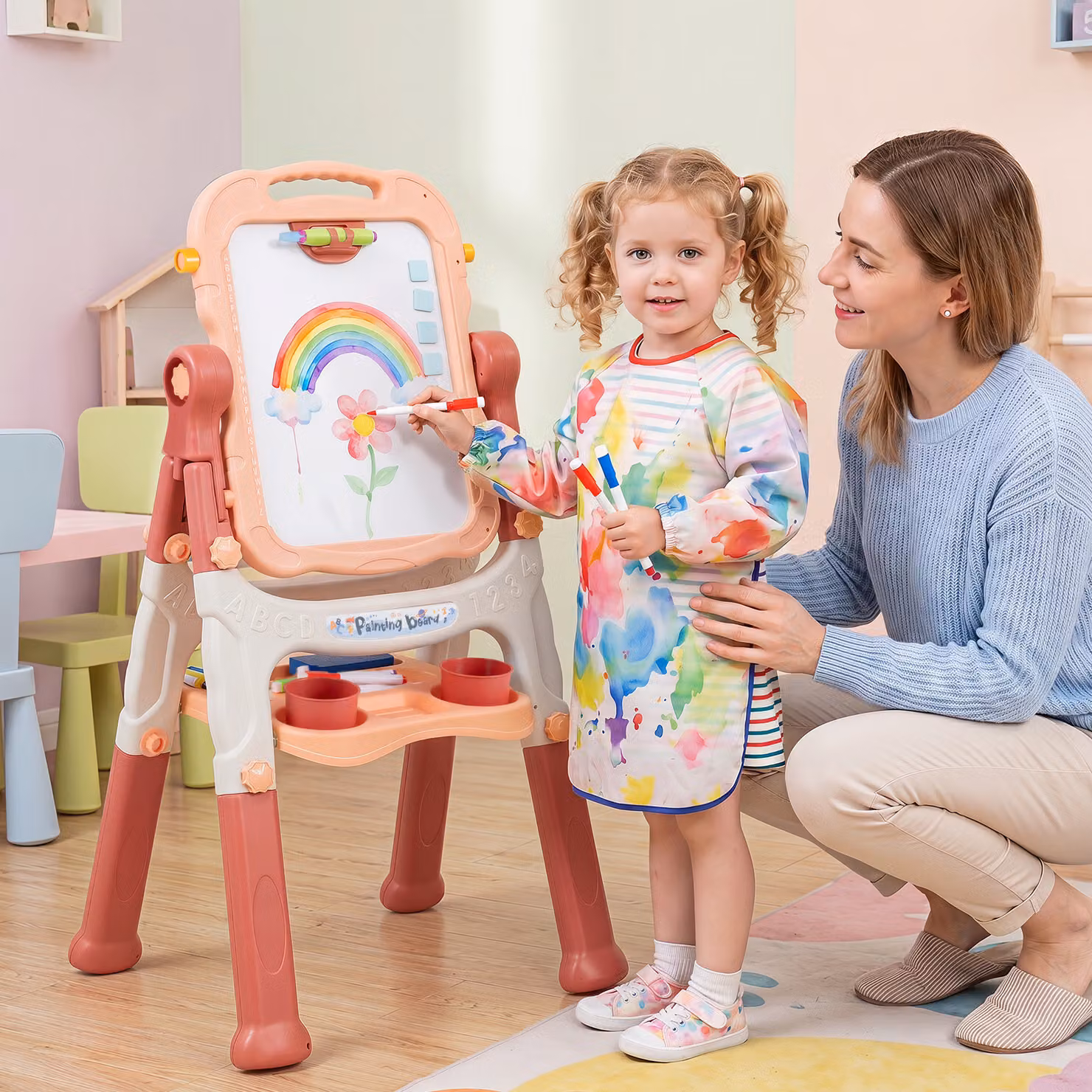 Cavalletto per bambini Costway 4 in 1 con lavagna magnetica a doppia faccia e base girevole 360°, Rosa