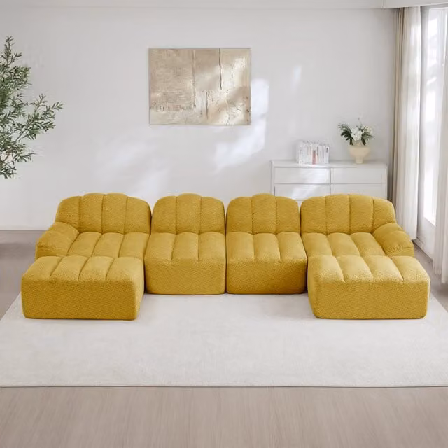 Divano angolare modulare a U OKWISH da 4 posti con 2 ottomani coordinati, rivestimento in tessuto giallo, design moderno per soggiorno, L/P/H: 366 x 165 x 79 cm