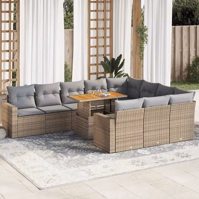 Set di divani da giardino vidaXL in polyrattan e legno di acacia oliato con 11 pezzi e cuscini beige e grigi – 1