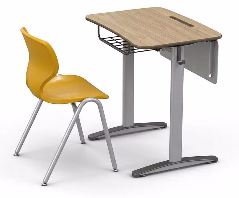 Scrivania moderna per scuola con piano effetto legno e sedia ergonomica per studenti