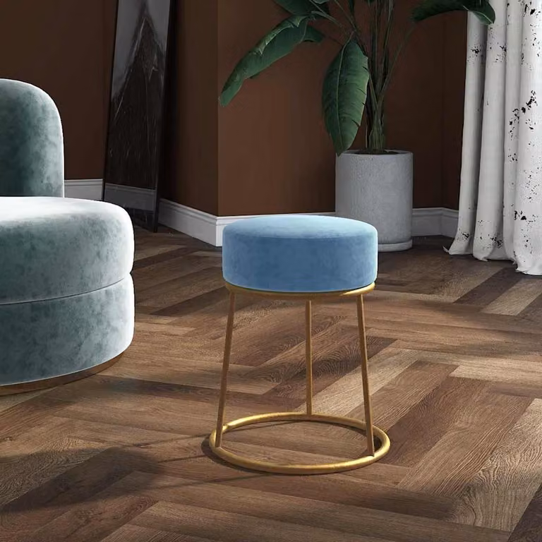 Sgabello rotondo vidaXL in velluto azzurro con struttura in metallo dorato, Diametro: 30 cm, Altezza: 38 cm