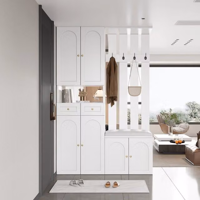 Set guardaroba da parete con panca porta scarpe e scarpiera, 4 ganci, 6 ante, 2 cassetti, bianco (110x180x37 cm)