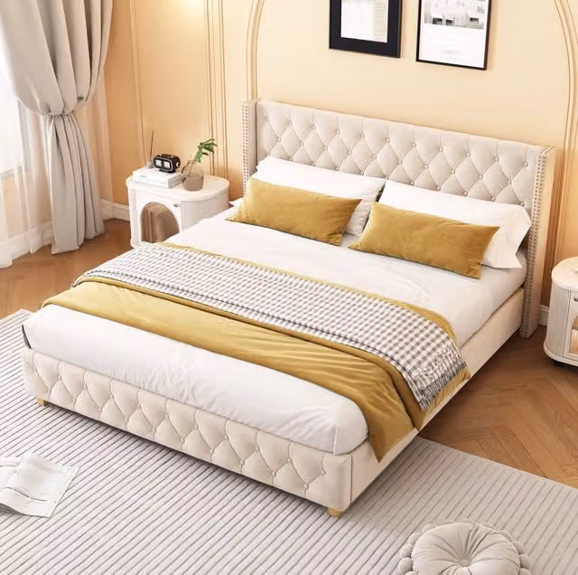 Letto imbottito 180x200 cm in velluto beige chiaro