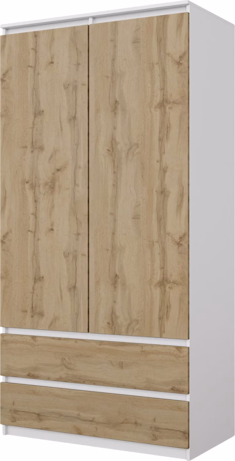 Armadio JOELLE 90 cm bianco opaco / rovere wotan, ante battenti, 2 ante, 2 cassetti, asta appendiabiti, 3 vani, L90 x A180 x P50 cm