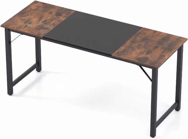 Scrivania da ufficio in stile industriale con piano in MDF laminato marrone e struttura in metallo nero, L: 160 cm, P: 60 cm, H: 95 cm