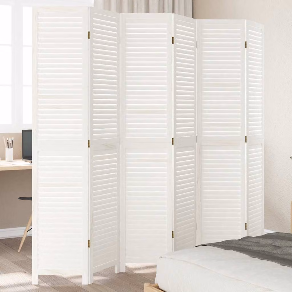 Divisorio Ambienti vidaXL con 6 Pannelli in Legno Massello di Paulownia Bianco Retrò H: 200 cm, L: 215 cm