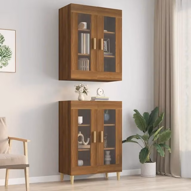 Armadietto Pensile da Parete Moderno vidaXL in Rovere Marrone con Ante in Vetro L: 69,5 cm, P: 34 cm, H: 90 cm