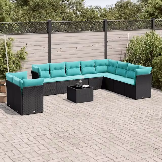 Set di divani da giardino a forma di U vidaXL in polyrattan nero con cuscini blu e tavolino da esterno