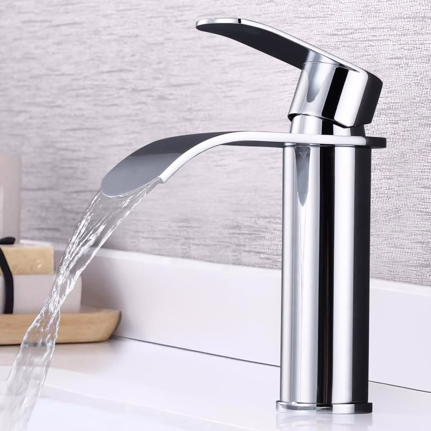 Miscelatore monocomando per lavabo a cascata, cromato, in acciaio inossidabile, a basso rumore